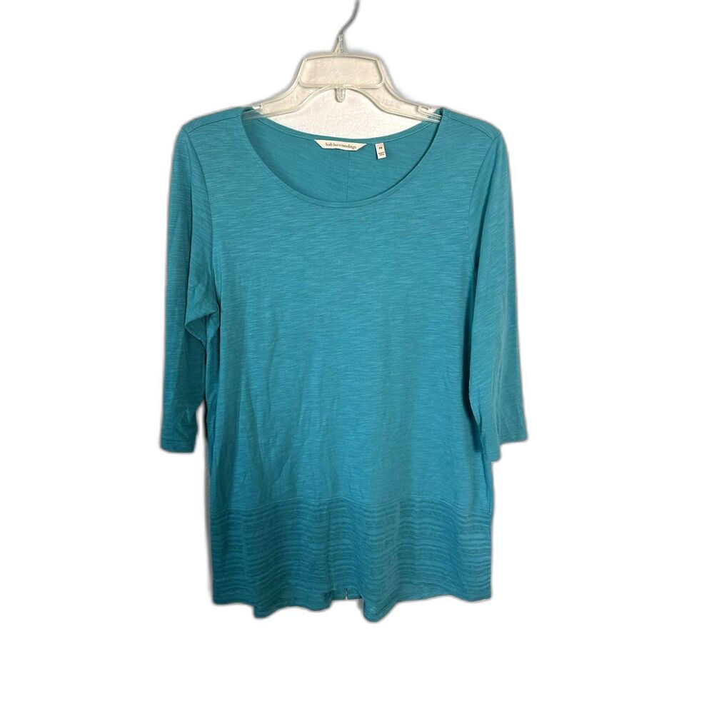 Soft Surroundings Teal Blue Slub Knit 3/4 Sleeve Top Button Back Petite PS